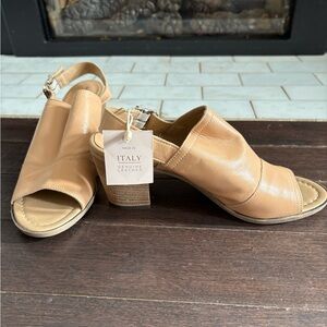 Genuine Italian Leather Tan Slingback Block Heel Sandals